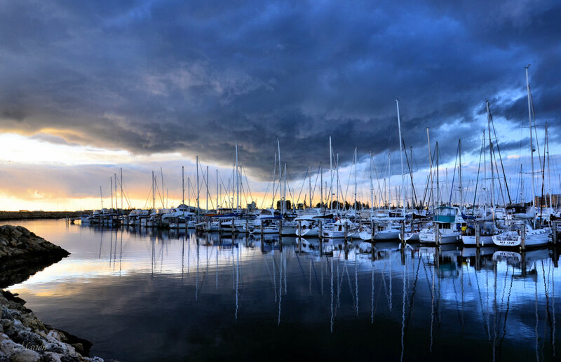 Sailboats in Marina — Blue, Dramatic, Sunset, Photograph, Clouds