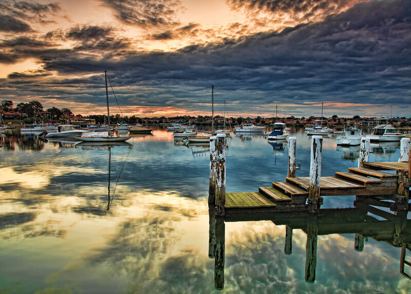 Sailboats in Marina — Blue, Dramatic, Sunset, Photograph, Docks