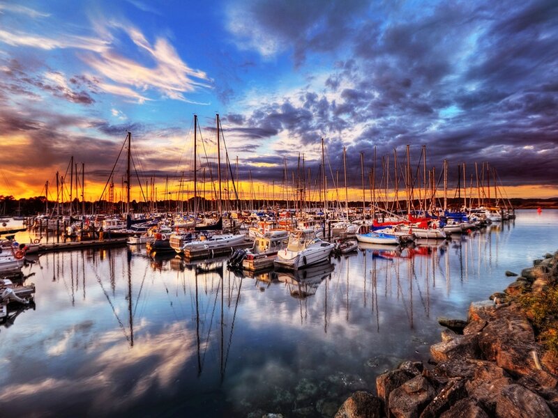 Sailboats in Marina — Blue, Dramatic, Sunset
