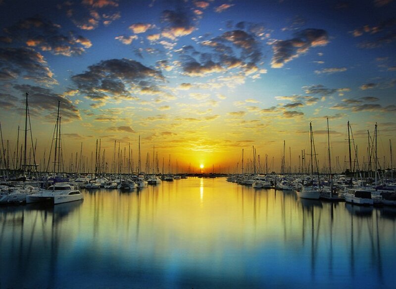 Sailboats in Marina — Blue, Serene, Sunset, Photograph, Clouds