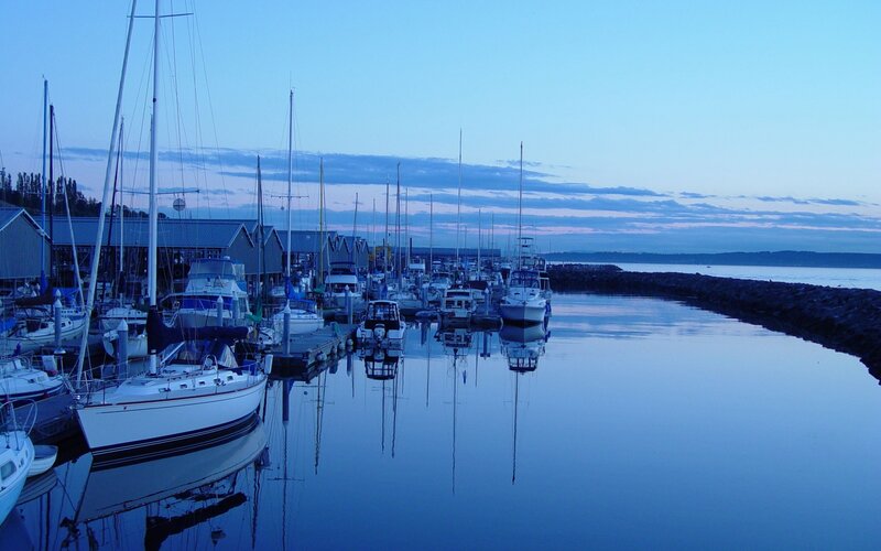 Sailboats in Marina — Blue, Serene, Sunset, Photograph, Docks