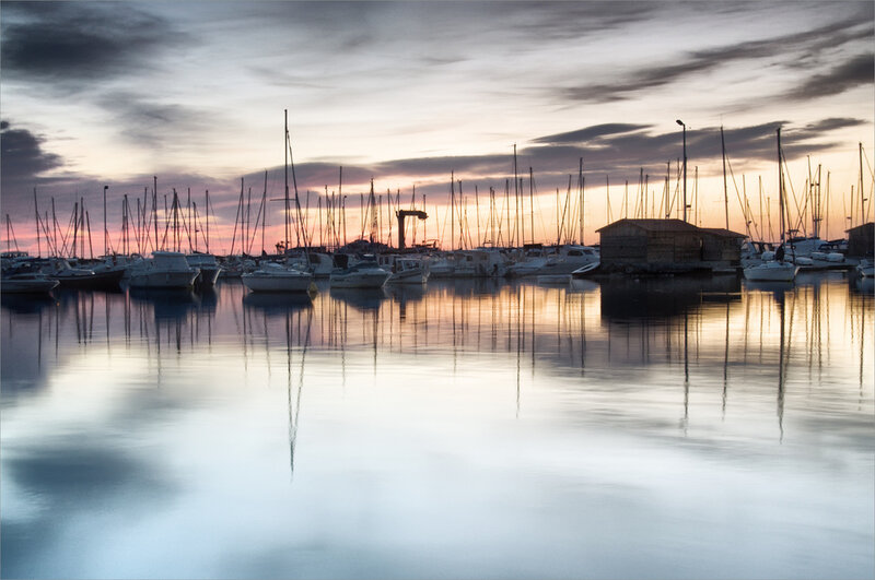 Sailboats in Marina — Blue, Serene, Sunset, Photograph