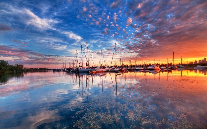 Sailboats in Marina — Blue, Serene, Sunset
