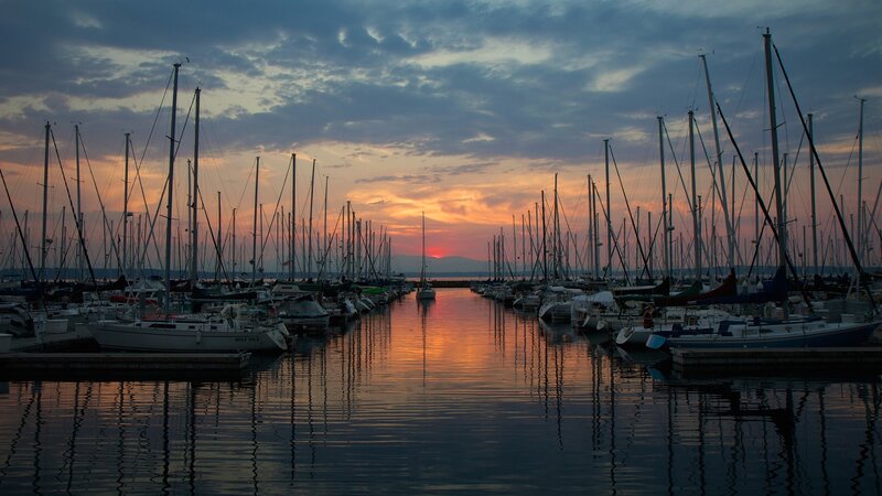Sailboats in Marina — Orange, Serene, Sunset, Photograph, Clouds