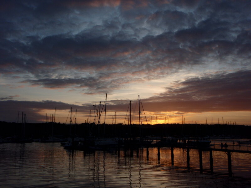 Sailboats in Marina — Orange, Serene, Sunset, Photograph, Sailboat Masts, Docks
