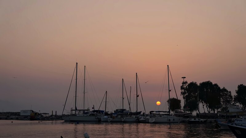 Sailboats in Marina — Orange, Serene, Sunset, Photograph