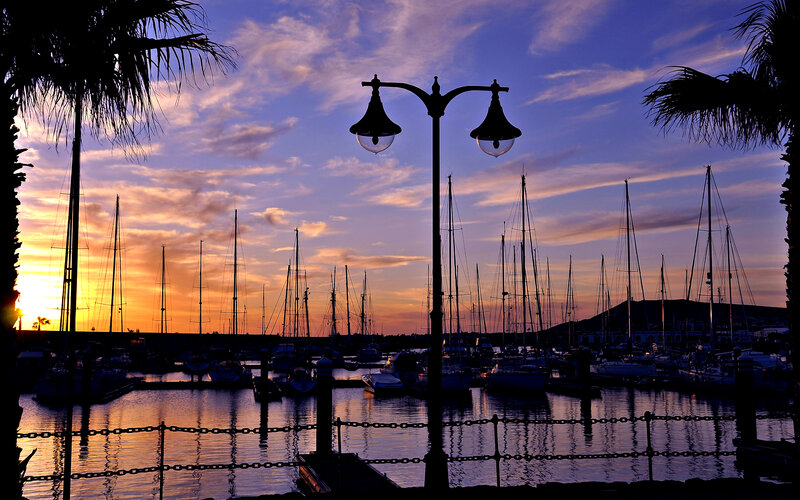 Sailboats in Marina — Purple, Serene, Sunset