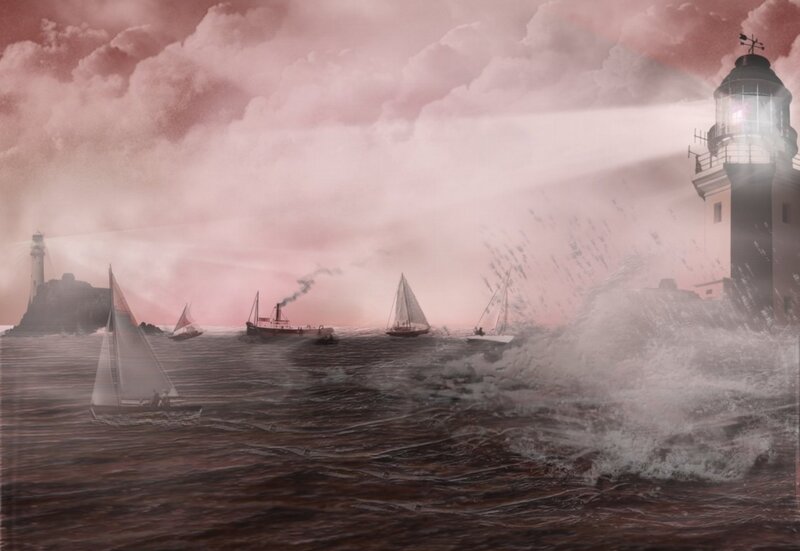 Sailboats in Stormy Sea — Pink