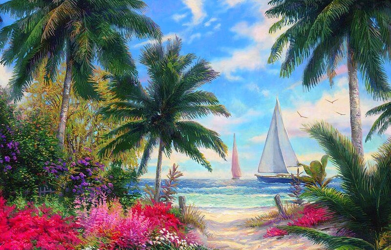 Sailboats in Tropical Bay — Blue