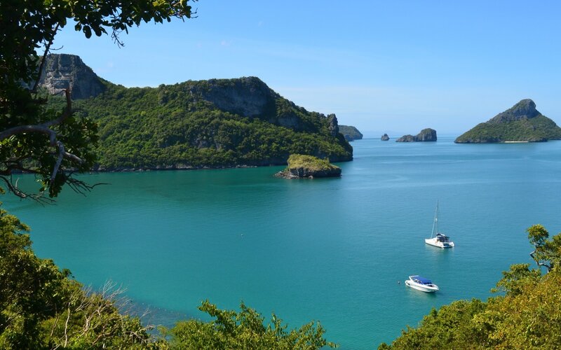 Sailboats in Turquoise Bay — Blue, Serene, Afternoon, Photograph, Islands