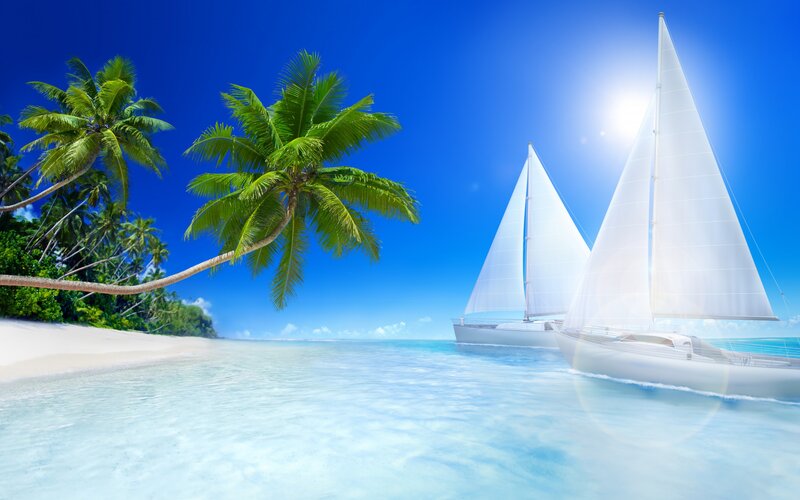 Sailboats Near Tropical Beach