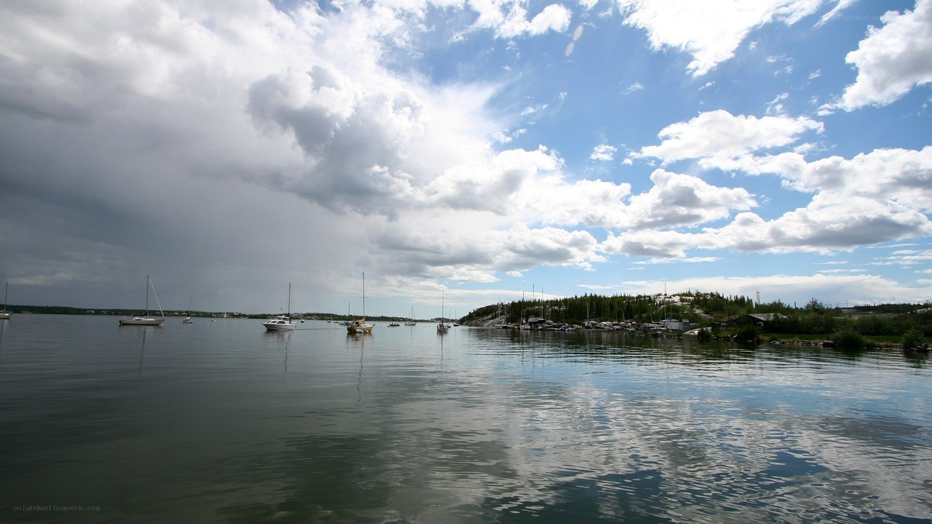 Sailboats on a calm bay