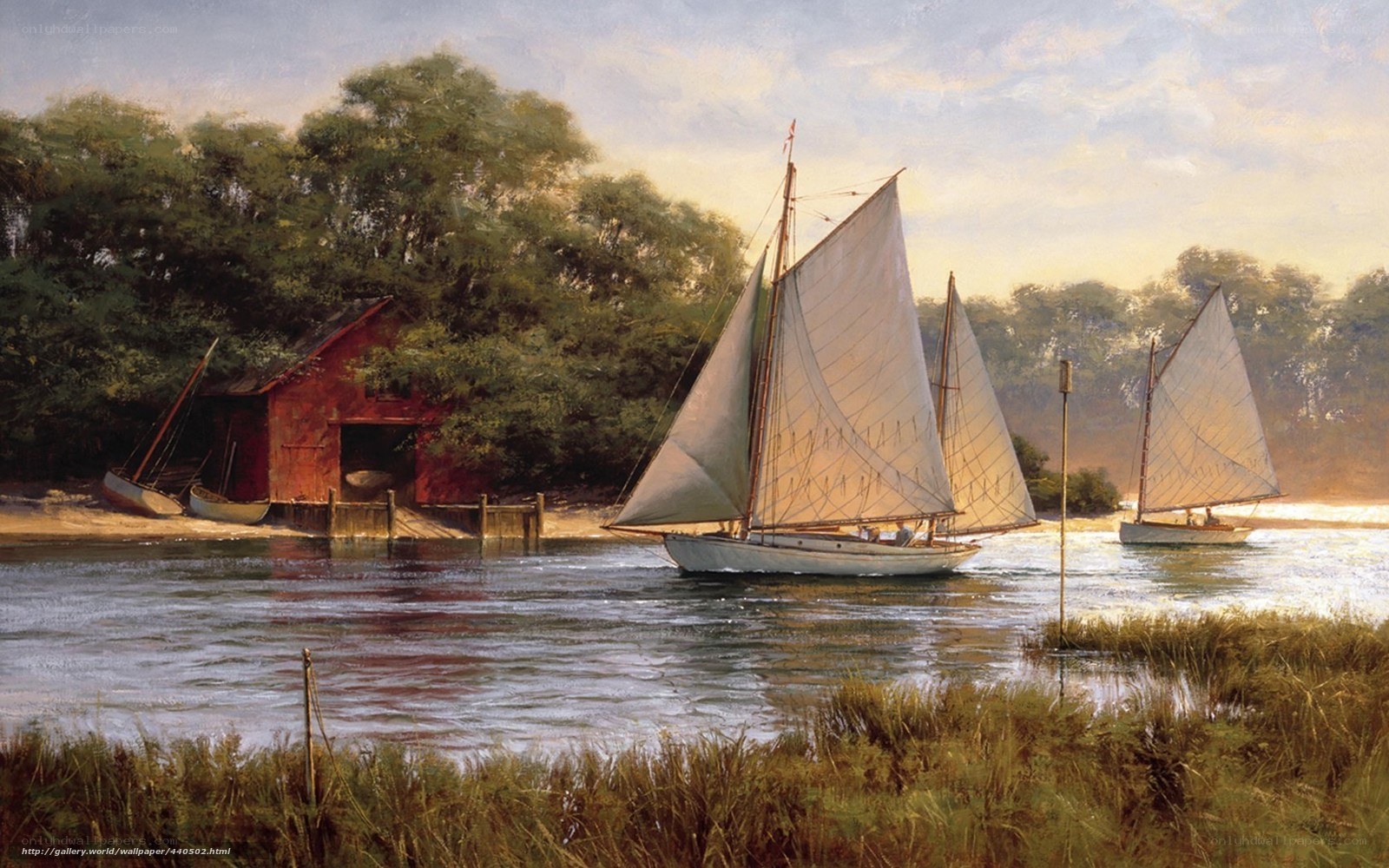 Sailboats on a calm river
