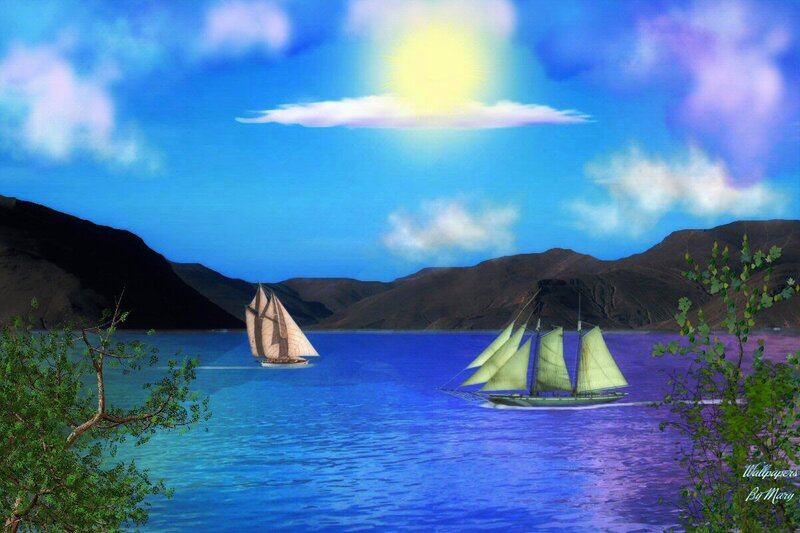 Sailboats on a Lake — Blue, Serene, Afternoon, Digital Art