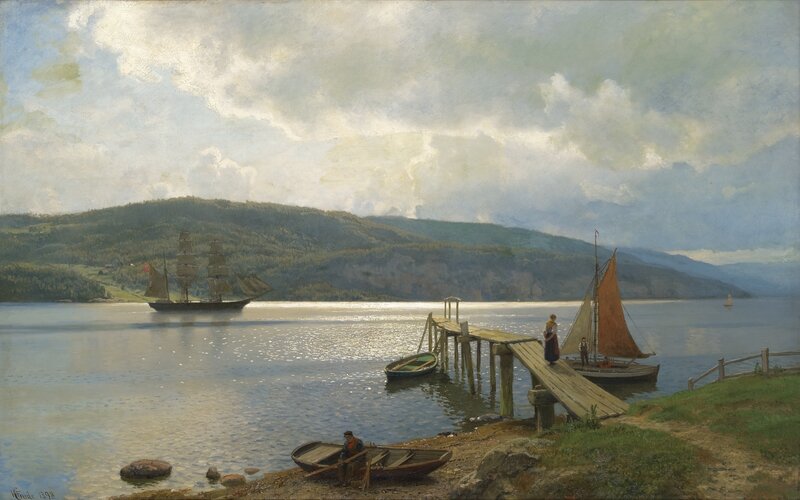 Sailboats on a Lake — Blue, Serene, Afternoon, Painting, Dock