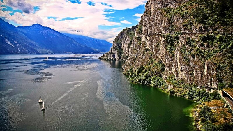 Sailboats on a Lake — Blue, Serene, Afternoon, Photograph, Mountains, Cliffs