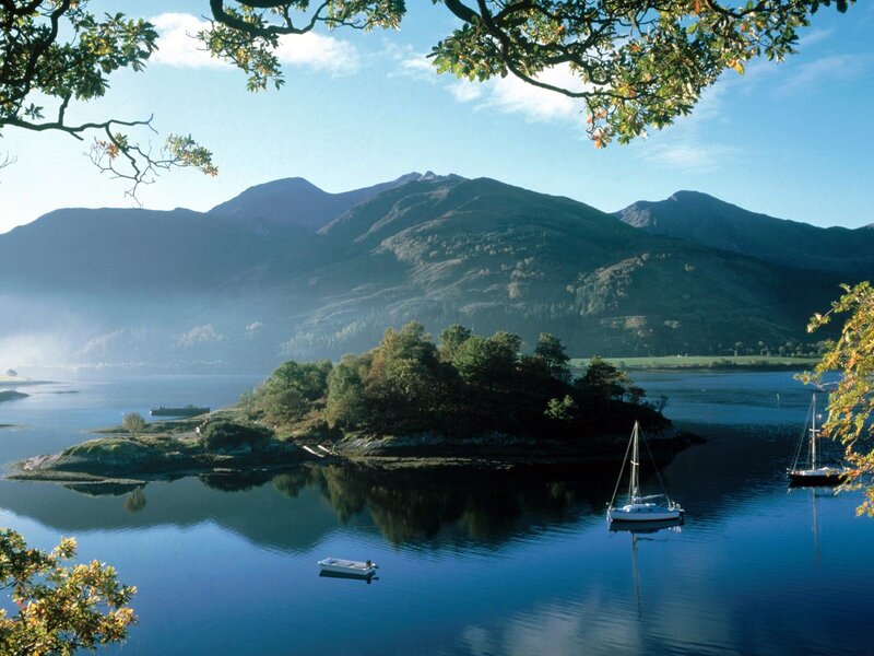 Sailboats on a Lake — Blue, Serene, Afternoon, Photograph, Mountains, Island, Trees