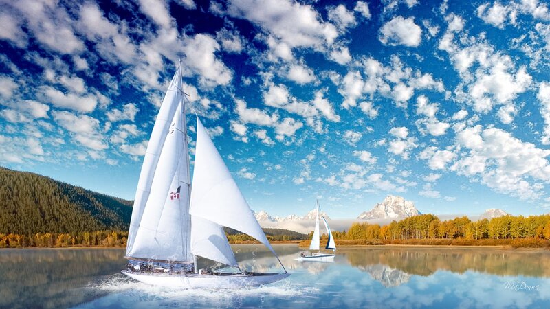 Sailboats on a Lake — Blue, Serene, Autumn, Photograph, Mountains, Trees