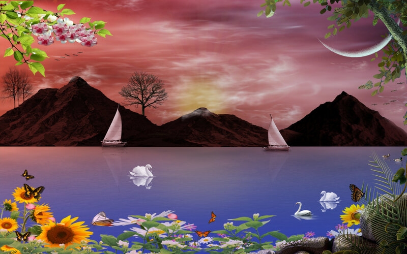 Sailboats on a Lake — Red