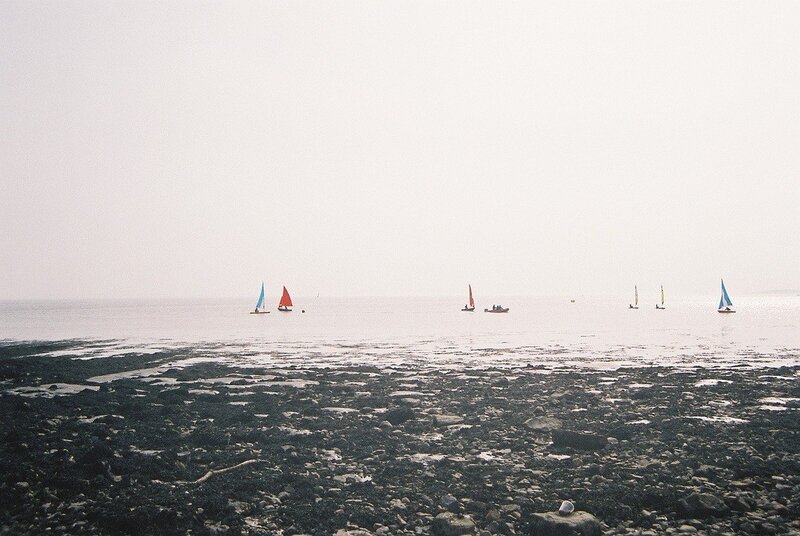 Sailboats on a misty coast