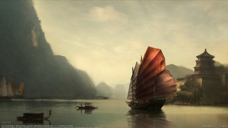 sailboats on a misty river
