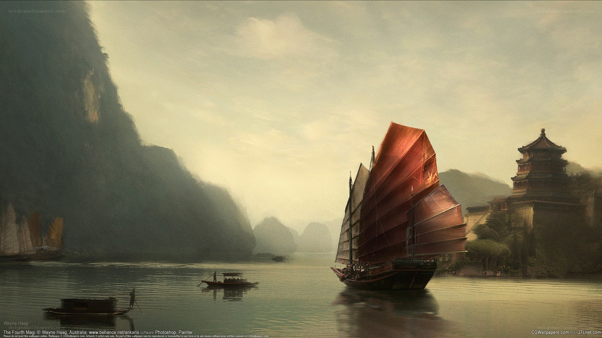 sailboats on a misty river