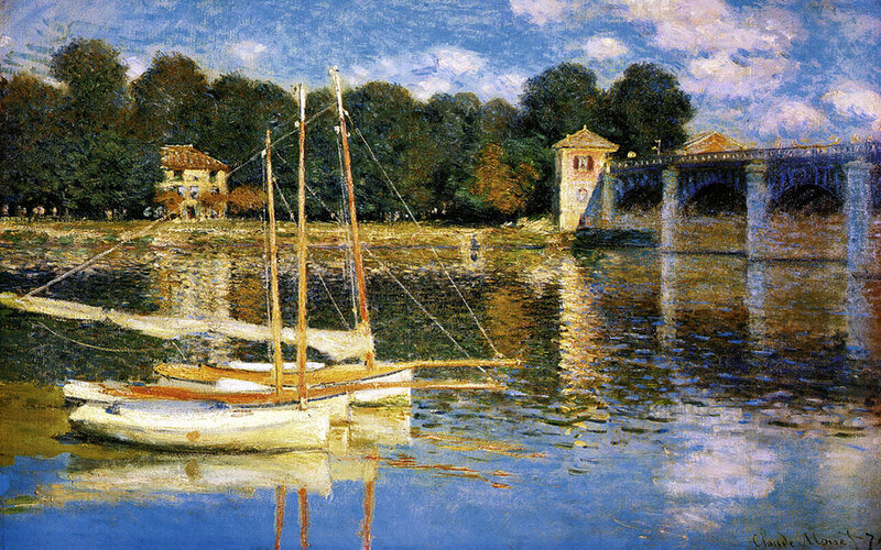 Sailboats on a River — Blue, Serene, Afternoon, Painting, Bridge