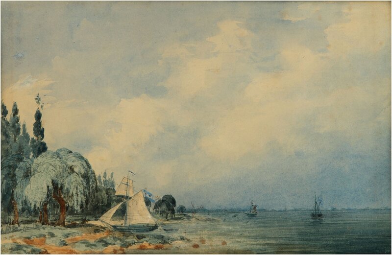 Sailboats on a River — Blue, Serene, Afternoon, Painting, Trees