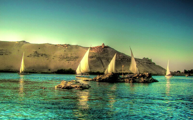 Sailboats on a River — Blue, Serene, Sunset
