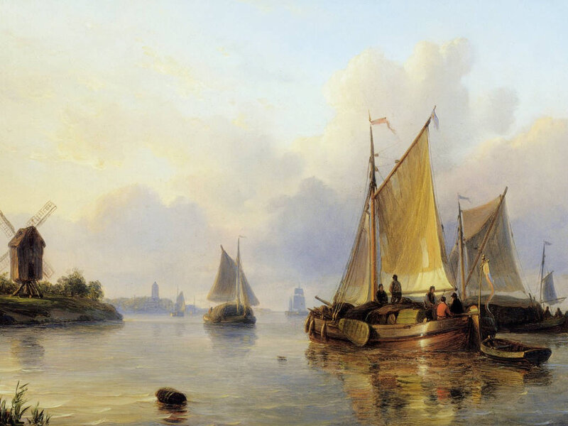 Sailboats on a River — Blue