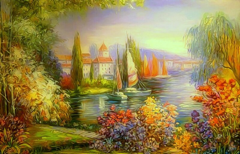 Sailboats on a River — Green, Serene