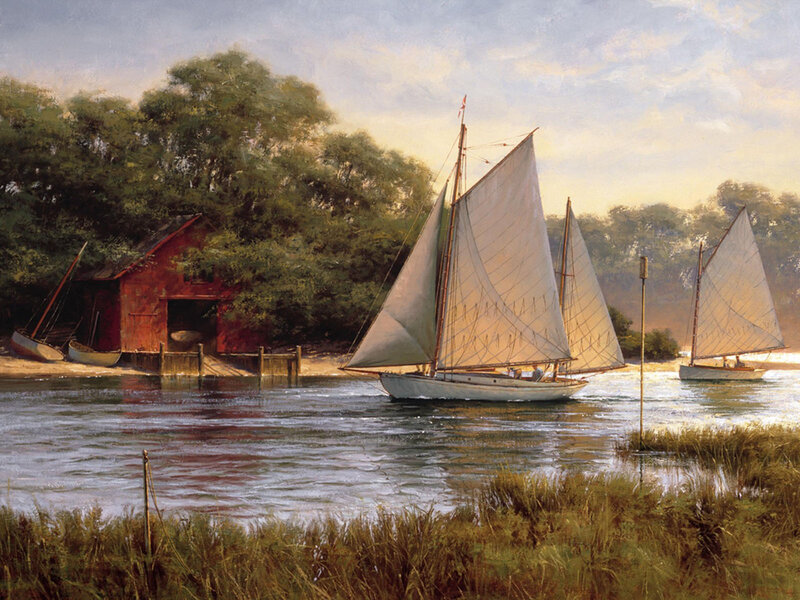 Sailboats on a River — Green