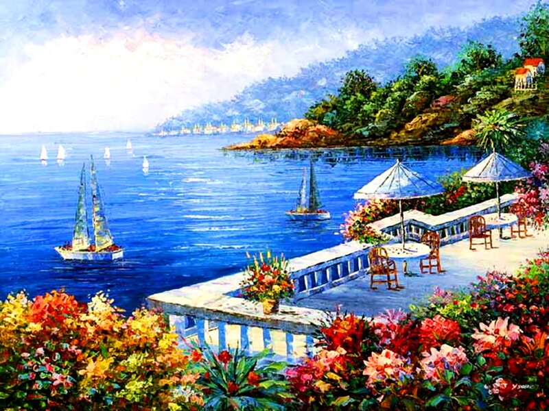 Sailboats on Blue Water — Serene, Afternoon, Painting