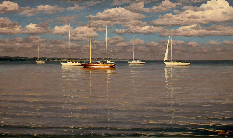 Sailboats on Calm Water — Blue, Serene, Afternoon, Painting