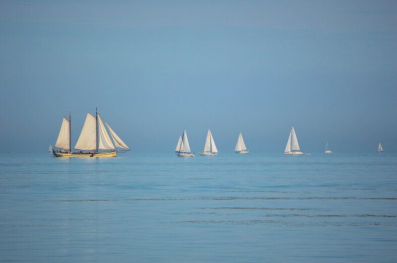 Sailboats on Calm Water — Blue, Serene, Afternoon, Photograph