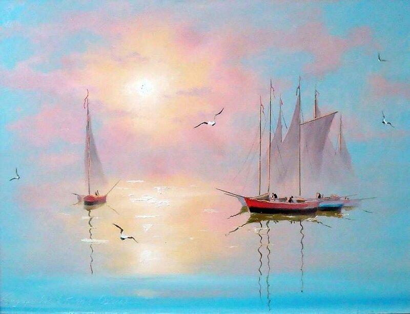 Sailboats on Calm Water — Blue, Serene, Sunset
