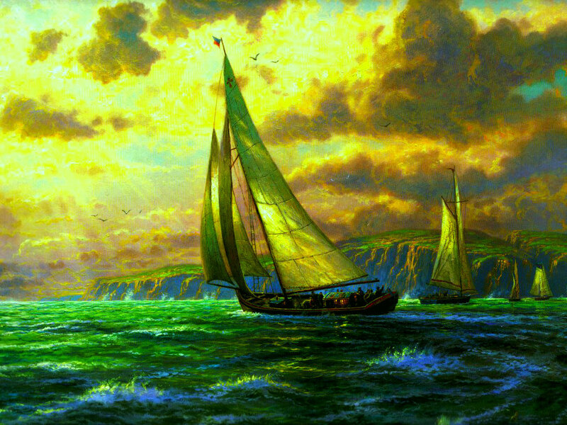 Sailboats on Green Sea