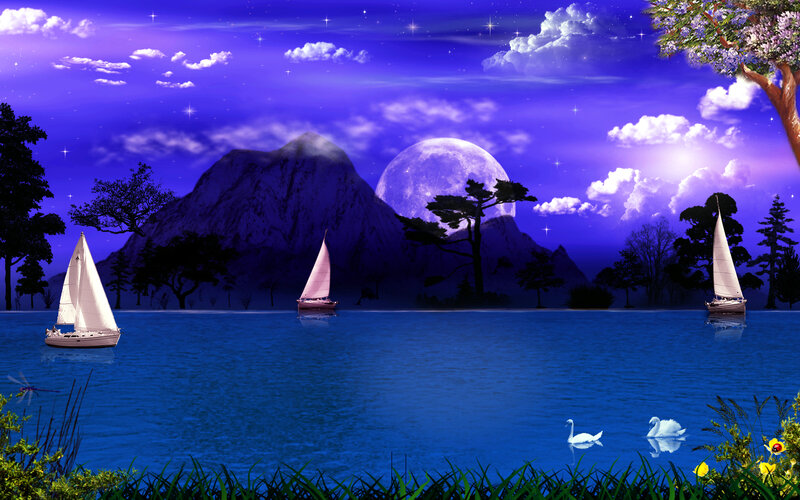 Sailboats on Lake at Night — Blue