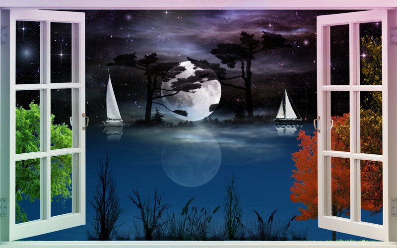 Sailboats on Lake at Night