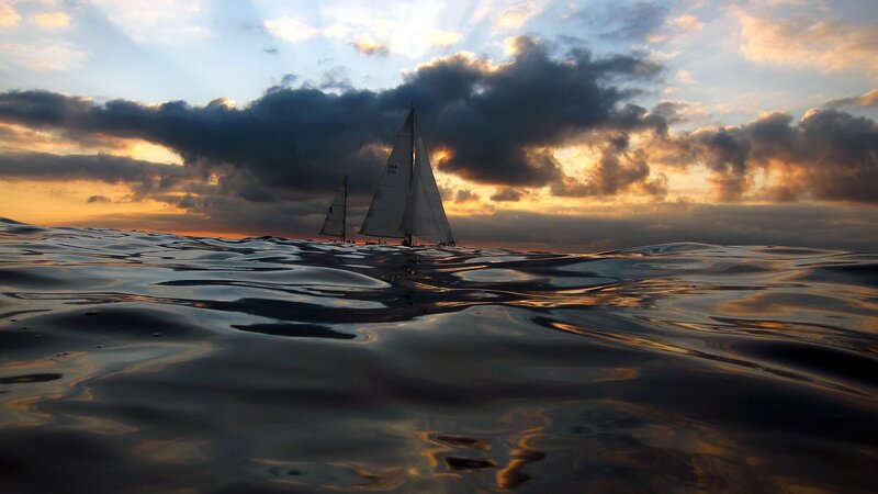 Sailboats on Ocean — Blue, Dramatic, Sunset