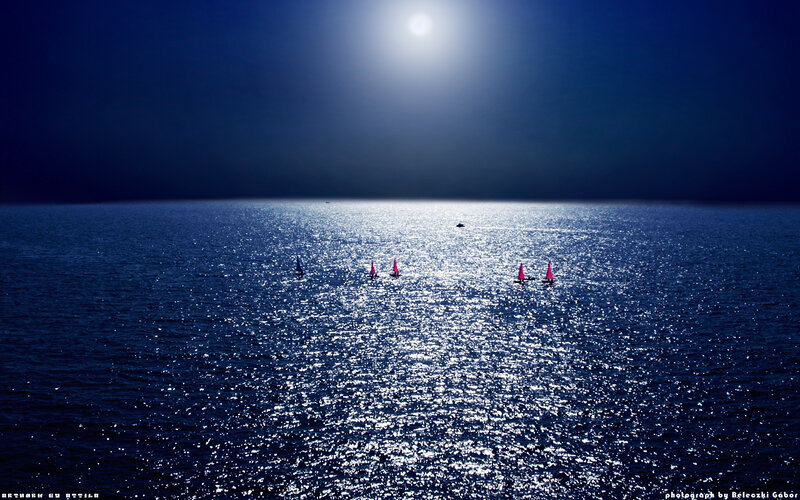Sailboats on Ocean — Blue, Serene, Night