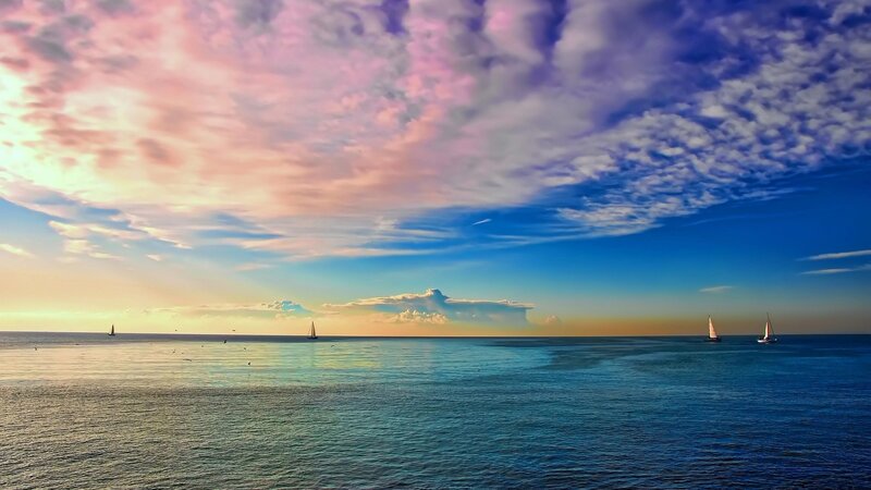 Sailboats on Ocean — Blue, Serene, Sunset