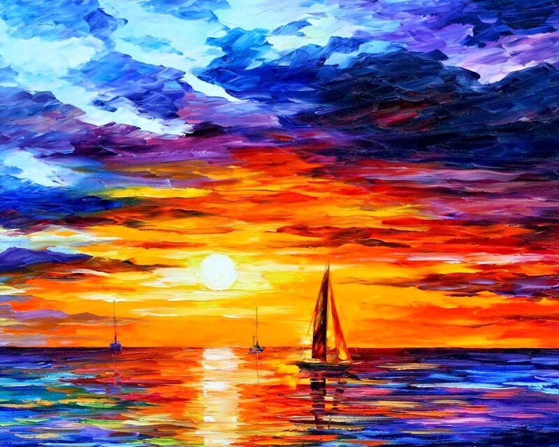 Sailboats on Ocean — Orange, Dramatic, Sunset, Painting, Sun, Sky