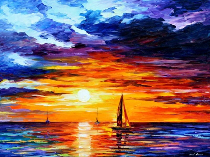 Sailboats on Ocean — Orange, Dramatic, Sunset, Painting, Sun