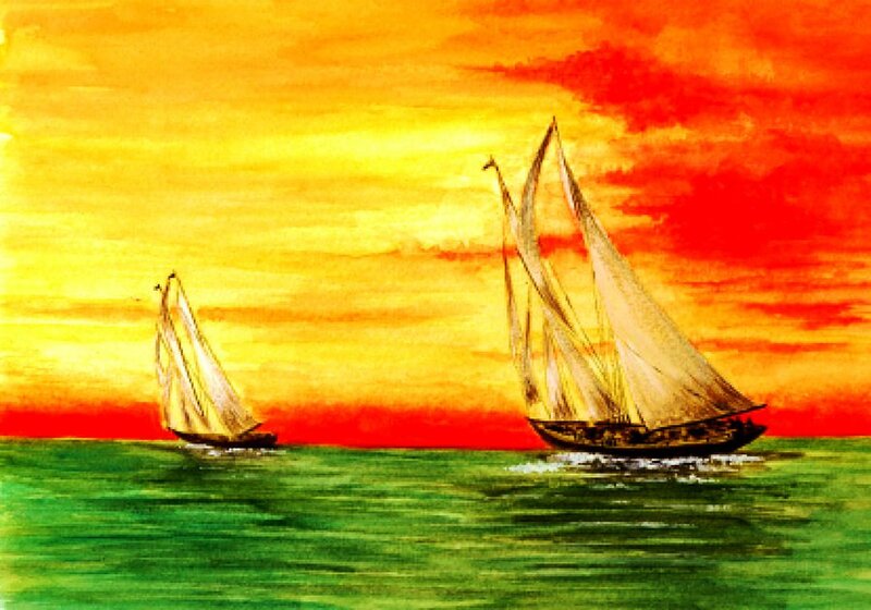 Sailboats on Ocean — Orange, Dramatic, Sunset, Painting