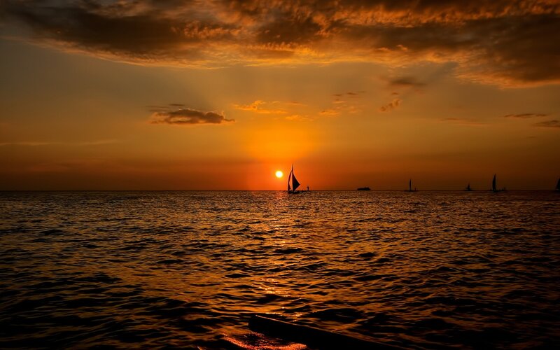 Sailboats on Ocean — Orange, Dramatic, Sunset, Photograph