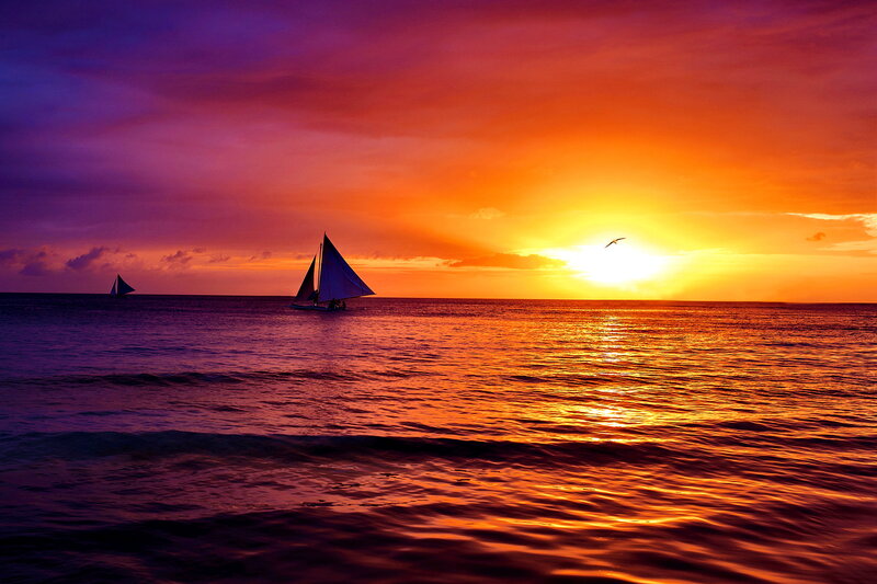 Sailboats on Ocean — Orange, Dramatic, Sunset