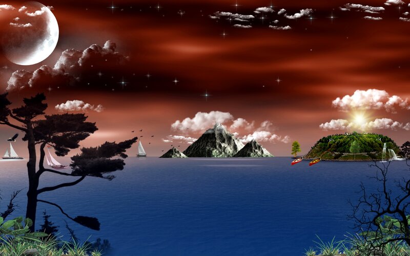 Sailboats on Ocean — Red