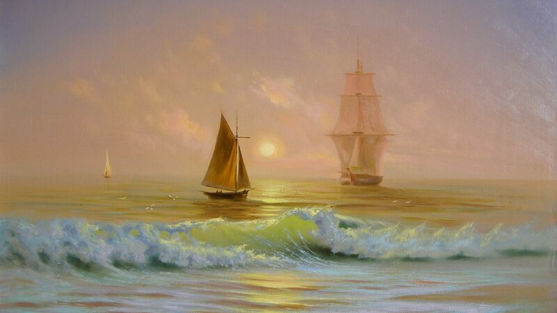 Sailboats on Ocean — Yellow, Serene, Sunset, Painting, Sun