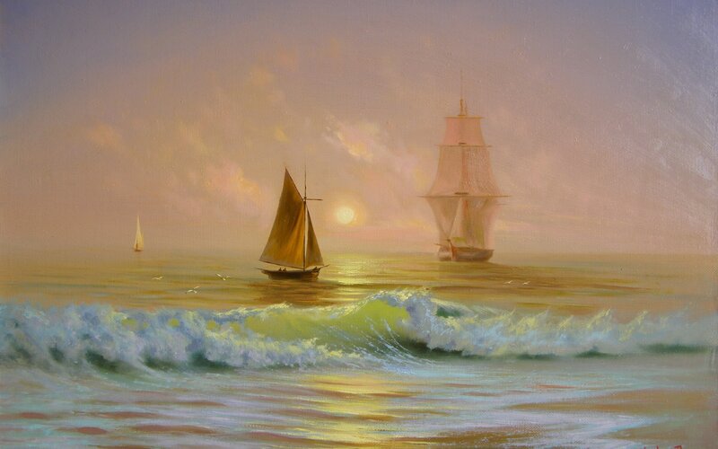 Sailboats on Ocean — Yellow, Serene, Sunset, Painting, Sun, Waves, Seagulls, Blue